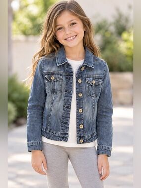 ELLE Girls Blue Denim Button Front Trucker Jacket Size S